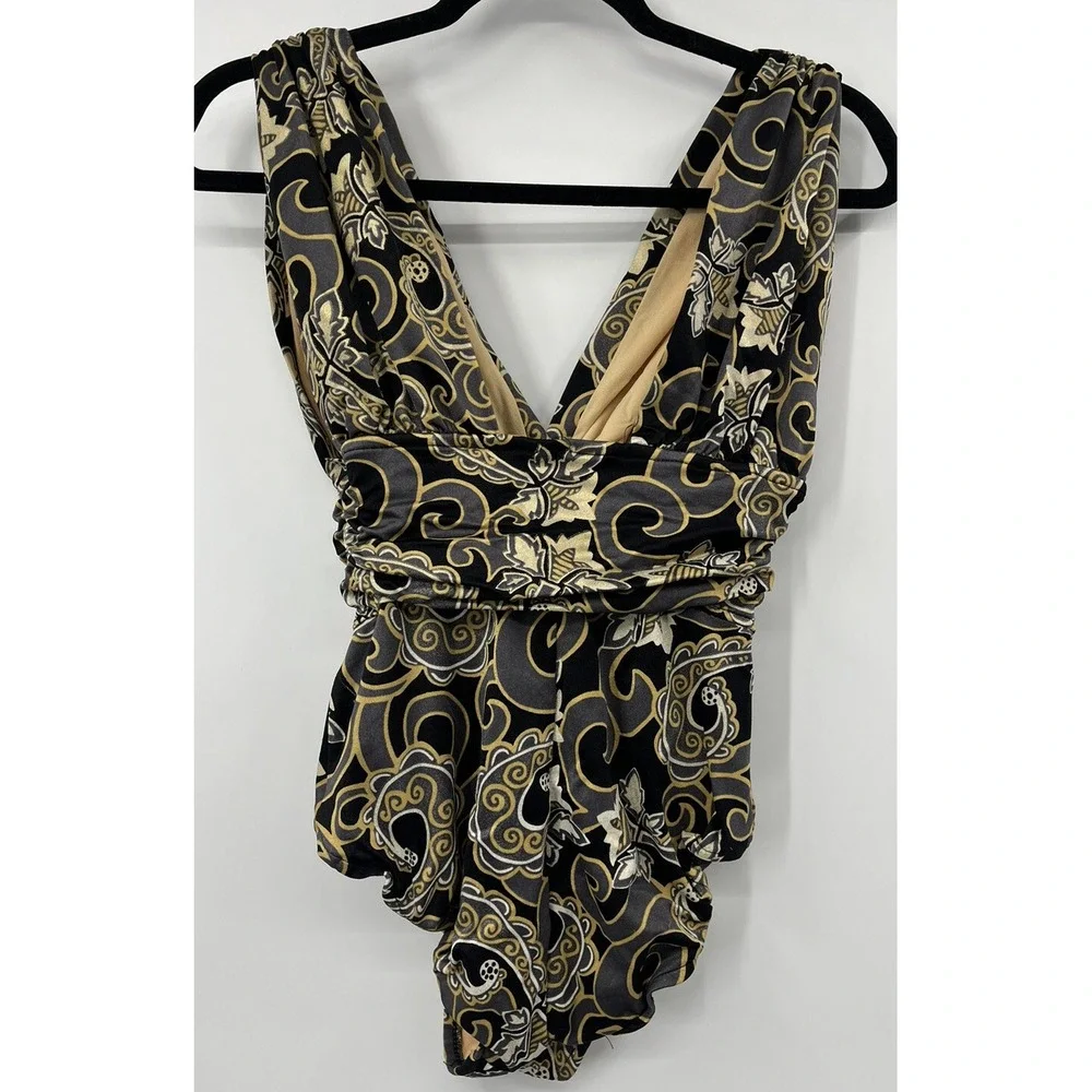 Vintage Catalina One Piece Bathing Suit Black Gold Ruched Lined Size 8 USA Made